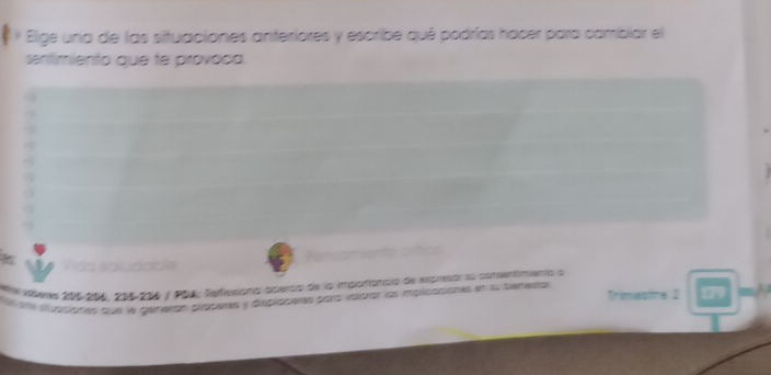 Bige una de las situaciones anteriores y escribe qué podrías hacer para cambiar el 
sentimiento que te provoca. 

Mhk idvero 206 906, 205-206 / PS4, fediusiono obento de la implonioncio de excresor ao consentmento o 
an alptiones tuy le gennan platieres y displateres pons valtor los molicacianes en su tiemesor Trimastre 2