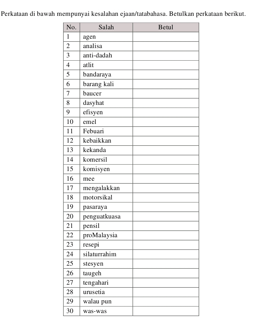 Perkataan di bawah mempunyai kesalahan ejaan/tatabahasa. Betulkan perkataan berikut.
30 was-was