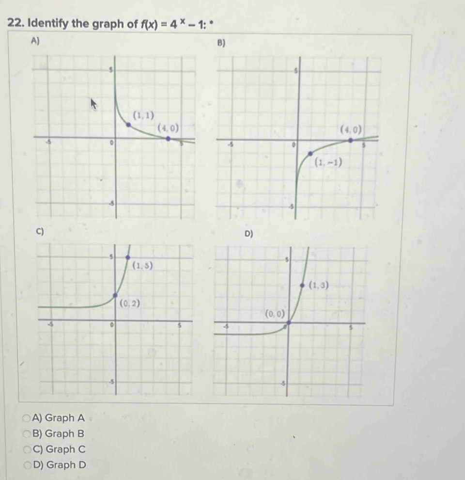 Identify the graph of f(x)=4^x-1 : *
A)
B)
C)
D)
A) Graph A
B) Graph B
C) Graph C
D) Graph D