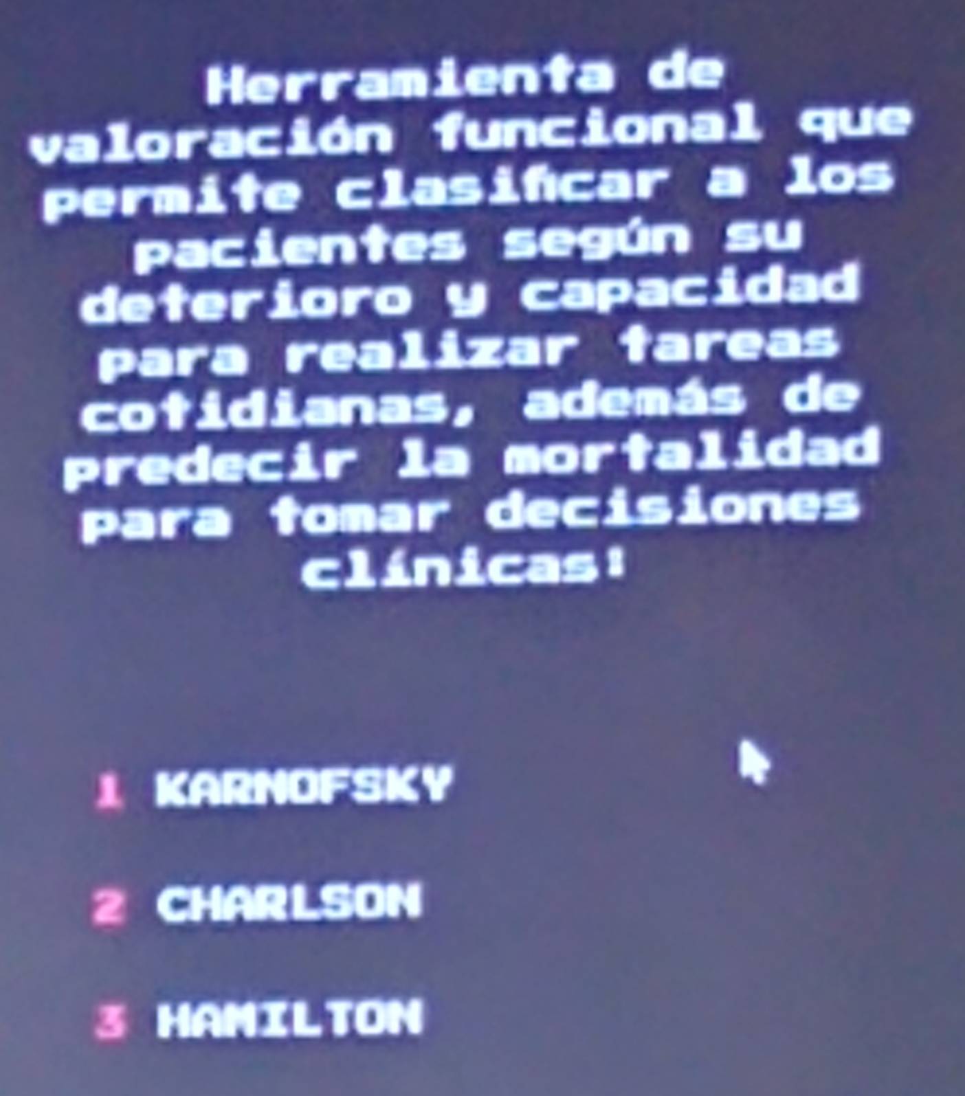 Herramienta de
valoración funcional que
permite clasifcar a los
pacientes según su
deterioro y capacidad
para realizar tareas
cotidianas, además de
predecir la mortalidad
para tomar decisiones
clínicas:
1 KARNOFSKY
2 CHAR LSON
3 HAMILTON