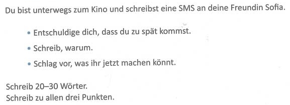 Du bist unterwegs zum Kino und schreibst eine SMS an deine Freundin Sofia. 
Entschuldige dich, dass du zu spät kommst. 
Schreib, warum. 
Schlag vor, was ihr jetzt machen könnt. 
Schreib 20-30 Wörter. 
Schreib zu allen drei Punkten.