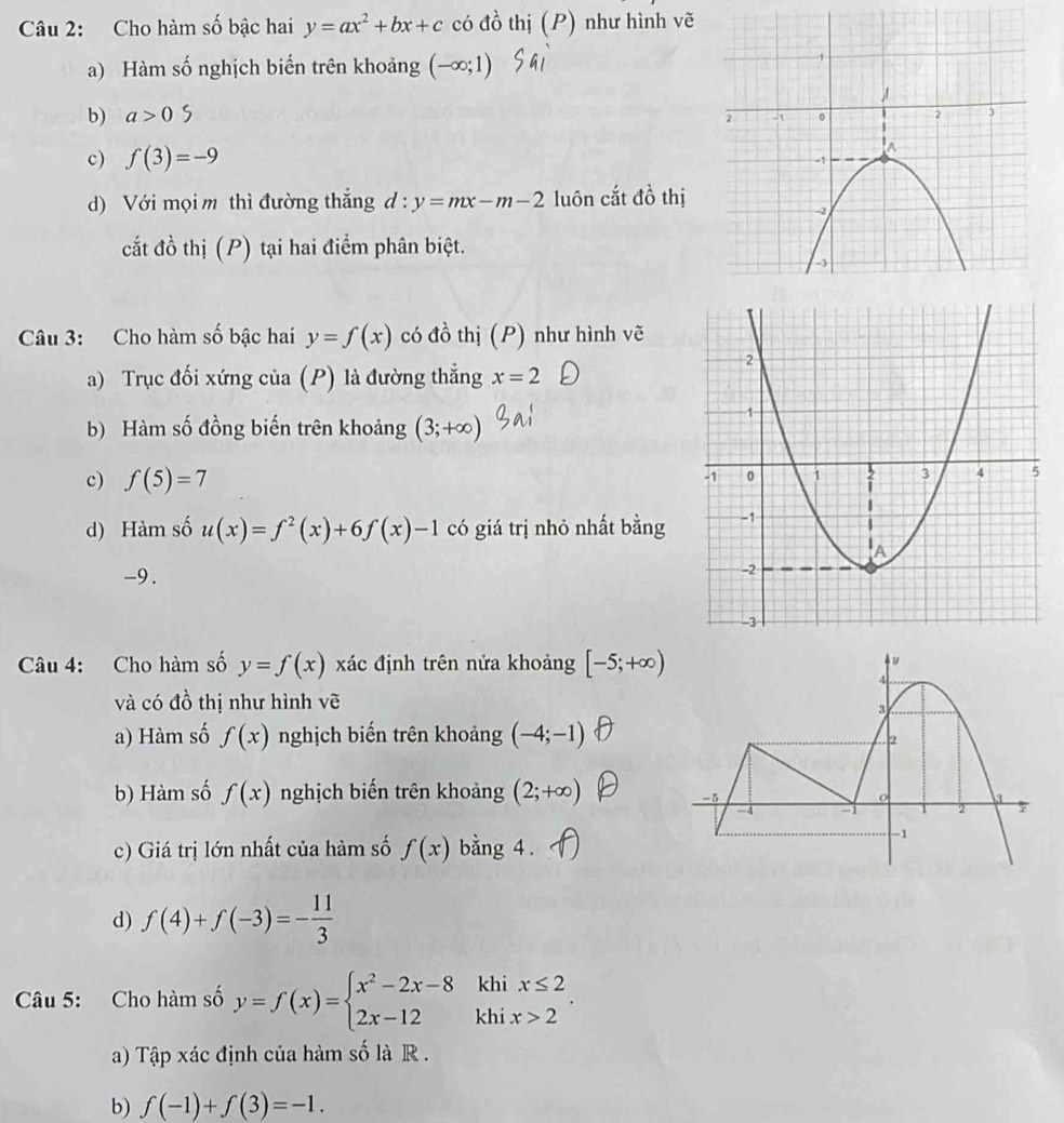 Cho hàm số bậc hai y=ax^2+bx+c có đồ thị (P) như hình vẽ
a) Hàm số nghịch biến trên khoảng (-∈fty ;1)
b) a>05
c) f(3)=-9
d) Với mọi m thì đường thắng d:y=mx-m-2 luôn cắt đồ thị
cắt đồ thị (P) tại hai điểm phân biệt.
Câu 3: Cho hàm số bậc hai y=f(x) có đồ thị (P) như hình vẽ
a) Trục đối xứng của (P) là đường thẳng x=2
b) Hàm số đồng biến trên khoảng (3;+∈fty )
c) f(5)=7
d) Hàm số u(x)=f^2(x)+6f(x)-1 có giá trị nhỏ nhất bằng 
-9.
Câu 4: Cho hàm số y=f(x) xác định trên nửa khoảng [-5;+∈fty )
và có đồ thị như hình vẽ
a) Hàm số f(x) nghịch biến trên khoảng (-4;-1)
b) Hàm số f(x) nghịch biến trên khoảng (2;+∈fty )
c) Giá trị lớn nhất của hàm số f(x) bằng 4.
d) f(4)+f(-3)=- 11/3 
kh
Câu 5: Cho hàm số y=f(x)=beginarrayl x^2-2x-8 2x-12endarray. khi beginarrayr x≤ 2 x>2endarray ·
a) Tập xác định của hàm số là R .
b) f(-1)+f(3)=-1.