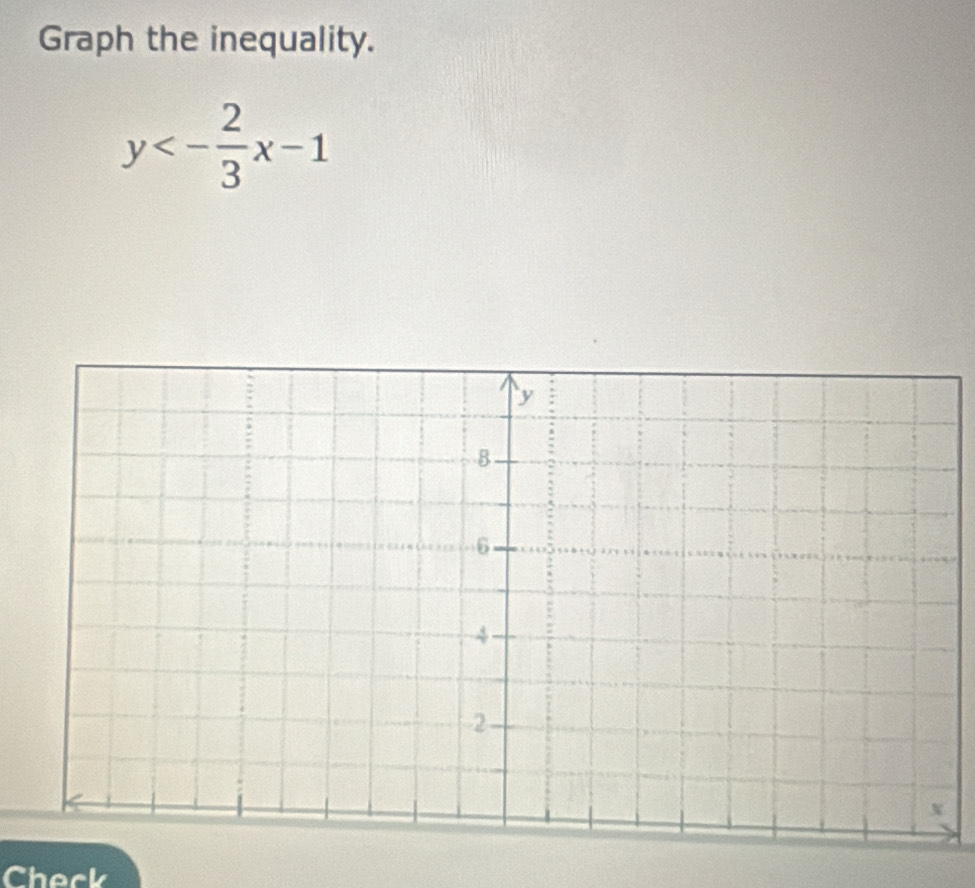 Graph the inequality.
y<- 2/3 x-1
Check