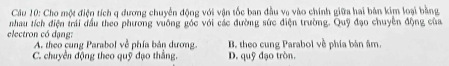 Cho một điện tích q dương chuyển động với vận tốc ban đầu v₀ vào chính giữa hai bản kim loại bằng
nhau tích điện trái dấu theo phương vuông góc với các đường sức điện trường. Quỹ đạo chuyển động của
electron có dạng:
A. theo cung Parabol về phía bản dương, B. theo cung Parabol về phía bản âm,
C. chuyền động theo quỹ đạo thẳng. D. quỹ đạo tròn.