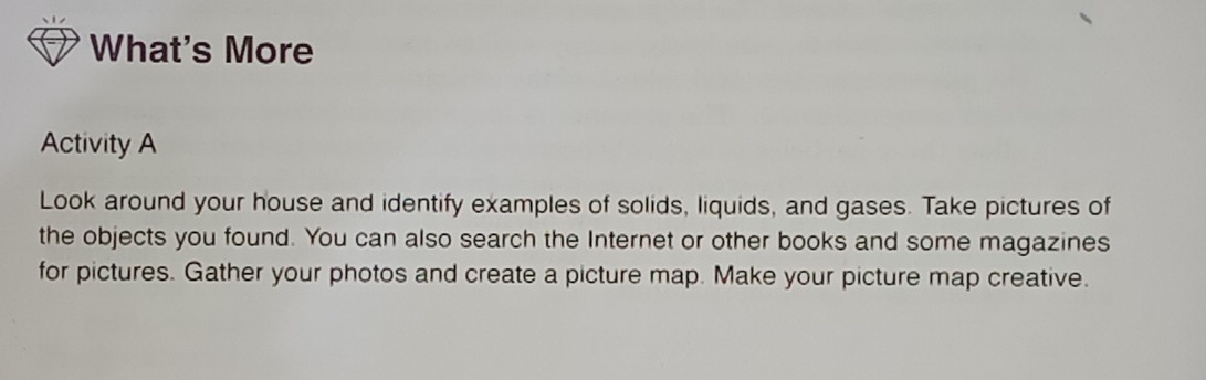 What's More 
Activity A 
Look around your house and identify examples of solids, liquids, and gases. Take pictures of 
the objects you found. You can also search the Internet or other books and some magazines 
for pictures. Gather your photos and create a picture map. Make your picture map creative.