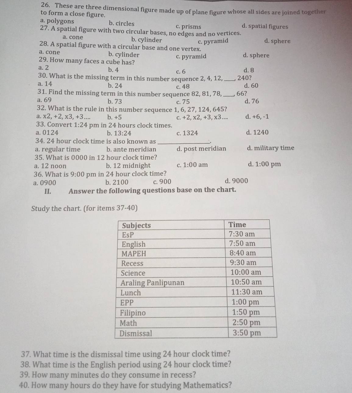 These are three dimensional figure made up of plane figure whose all sides are joined together
to form a close figure.
a. polygons b. circles d. spatial figures
c. prisms
27. A spatial figure with two circular bases, no edges and no vertices.
a. cone b. cylinder d. sphere
c. pyramid
28. A spatial figure with a circular base and one vertex.
a. cone b. cylinder d. sphere
c. pyramid
29. How many faces a cube has?
a. 2 b. 4 c. 6 d.8
30. What is the missing term in this number sequence 2, 4, 12, _, 240?
a. 14 b. 24 c. 48 d. 60
31. Find the missing term in this number sequence 82, 81, 78, _, 66?
a. 69 b. 73 c. 75 d. 76
32. What is the rule in this number sequence 1, 6, 27, 124, 645?
a. x2,+2,x3,+3... b. +5 c. +2, x2, +3, x3.... d. +6, -1
33. Convert 1:24 pm in 24 hours clock times.
a.0124 b. 13:24 c. 1324 d. 1240
34. 24 hour clock time is also known as_ ,
a. regular time b. ante meridian d. post meridian d. military time
35. What is 0000 in 12 hour clock time?
d. 1:00
a. 12 noon b. 12 midnight C. 1:00 am pm
36. What is 9:00 pm in 24 hour clock time?
a. 0900 b. 2100 c. 900 d. 9000
II. Answer the following questions base on the chart.
Study the chart. (for items 37-40)
37. What time is the dismissal time using 24 hour clock time?
38. What time is the English period using 24 hour clock time?
39. How many minutes do they consume in recess?
40. How many hours do they have for studying Mathematics?