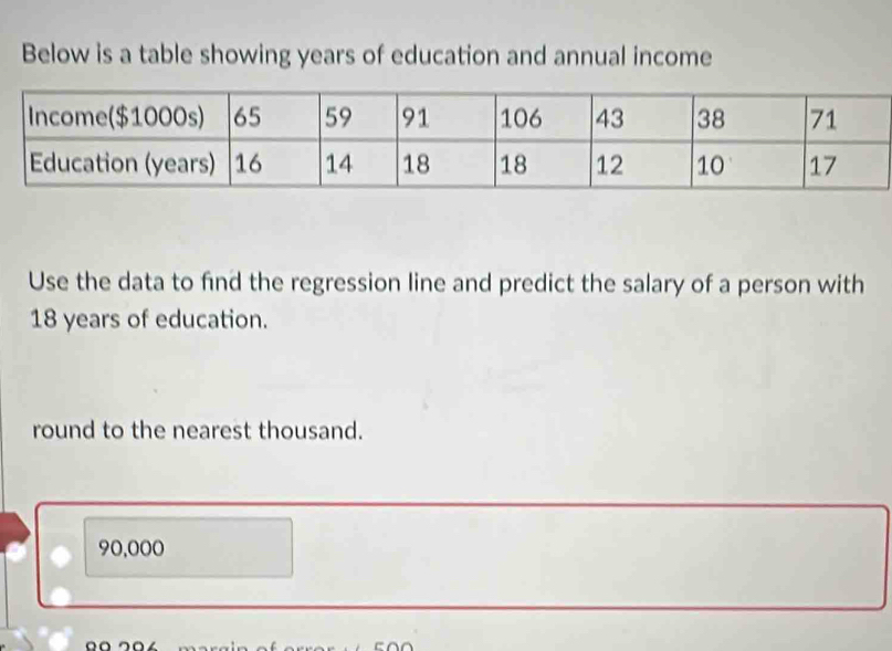 Below is a table showing years of education and annual income 
Use the data to find the regression line and predict the salary of a person with
18 years of education. 
round to the nearest thousand.
90,000