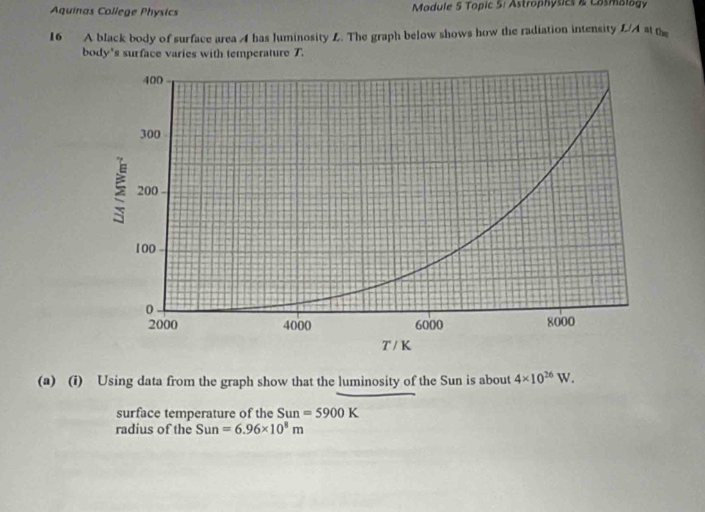 Aquinas College Physics Madule S Topic 5: Astrophysics & Losmalogy 
16 A black body of surface area 4 has luminosity L. The graph below shows how the radiation intensity L/A at the 
body's surface varies with temperature T. 
(a) (i) Using data from the graph show that the luminosity of the Sun is about 4* 10^(26)W. 
surface temperature of the Sun=5900K
radius of the Sun=6.96* 10^8m