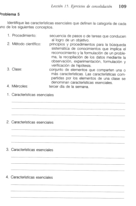 Lección 15. Ejercicios de consolidación 109 
Problema 5 
Identifique las características esenciales que definen la categoría de cada 
uno de los siguientes conceptos. 
1. Procedimiento: secuencía de pasos o de tareas que conducen 
al logro de un objetivo. 
2. Método científico: principios y procedimientos para la búsqueda 
sistemática de conocimientos que implica el 
reconocimiento y la formulación de un proble- 
ma, la recopilación de los datos mediante la 
observación, experimentación, formulación y 
verificación de hipótesis. 
3. Clase: conjunto de elementos que comparten una o 
más características. Las características com- 
partidas por los elementos de una clase se 
denóminan características esenciales. 
4. Miércoles: tercer día de la semana. 
1. Características esenciales 
_ 
_ 
_ 
2. Características esenciales 
_ 
_ 
_ 
3. Caracteristicas esenciales 
_ 
_ 
_ 
4. Caracteristicas esenciales 
_ 
_ 
_