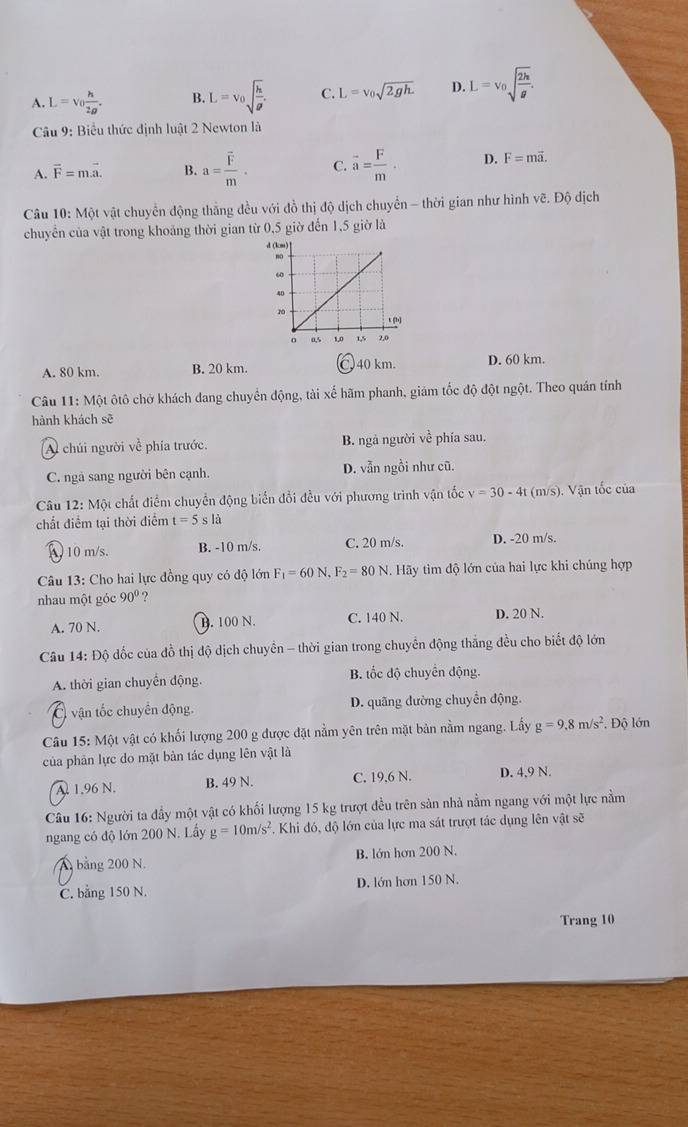 A. L=v_0 h/2g . B. L=v_0sqrt(frac h)g' C. L=v_0sqrt(2ghL) D. L=v_0sqrt(frac 2h)g.
Câu 9: Biểu thức định luật 2 Newton là
A. vector F=m.vector a. B. a=frac overline Fm· C. overline a= F/m . D. F=mvector a.
Câu 10: Một vật chuyển động thắng đều với đồ thị độ dịch chuyển - thời gian như hình vẽ. h 90 dịch
chuyển của vật trong khoảng thời gian từ 0,5 giờ đến 1,5 giờ là
A. 80 km B. 20 km. C 40 km D. 60 km.
Câu 11: Một ôtô chở khách đang chuyển động, tài xế hãm phanh, giám tốc độ đột ngột. Theo quán tính
hành khách sẽ
Al chúi người về phía trước. B. ngá người về phía sau.
C. ngà sang người bên cạnh D. vẫn ngồi như cũ.
Câu 12:Mhat Q A chất điểm chuyển động biển đổi đều với phương trình vận tốc v=30-4t (m/s). Vận tốc của
chất điểm tại thời điểm t=5sla
( 10 m/s. B. -10 m/s. C. 20 m/s. D. -20 m/s.
Câu 13: Cho hai lực đồng quy có độ lớn F_1=60N F_2=80N. Hãy tìm độ lớn của hai lực khi chúng hợp
nhau một góc 90° ?
A. 70 N. B. 100 N. C. 140 N. D. 20 N.
Câu 14: Độ dốc của đồ thị độ dịch chuyển - thời gian trong chuyển động thắng đều cho biết độ lớn
A. thời gian chuyển động. B. ốc độ chuyển động.
vận tốc chuyển động. D. quãng đường chuyển động.
Câu 15: Một vật có khối lượng 200 g được đặt nằm yên trên mặt bản nằm ngang. Lấy g=9.8m/s^2. Độ lớn
của phản lực do mặt bàn tác dụng lên vật là
A. 1.96 N. B. 49 N. C. 19,6 N. D. 4,9 N.
Câu 16: Người ta đầy một vật có khối lượng 15 kg trượt đều trên sản nhà nằm ngang với một lực nằm
ngang có độ lớn 200 N. Lầy g=10m/s^2. Khi đó, độ lớn của lực ma sát trượt tác dụng lên vật sẽ
A bằng 200 N. B. lớn hơn 200 N.
C. bằng 150 N. D. lớn hơn 150 N.
Trang 10