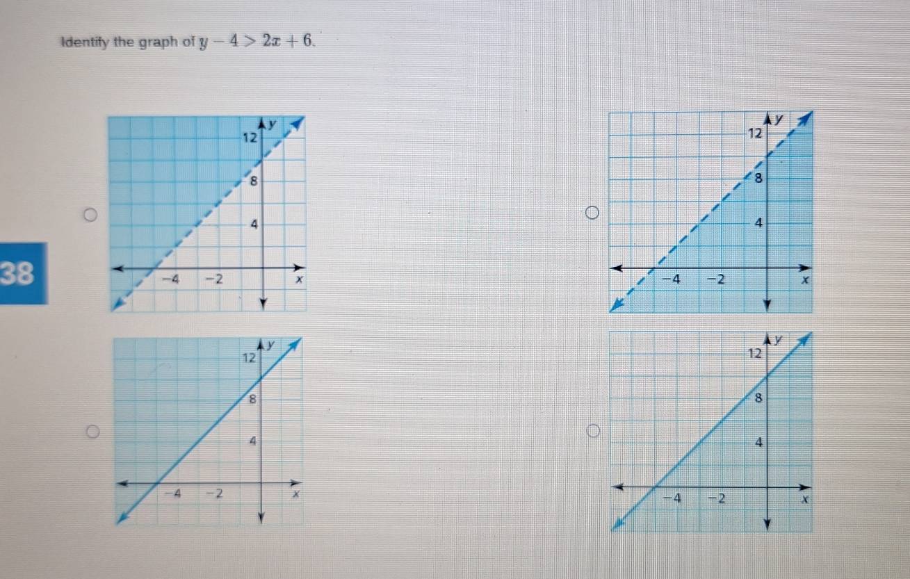 Identify the graph of y-4>2x+6. 
38