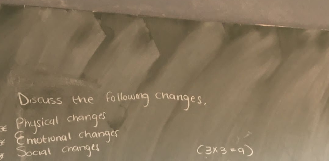 Discuss the followng changes.
Physical changes
Emotional changes
Social changes (3* 3=9)