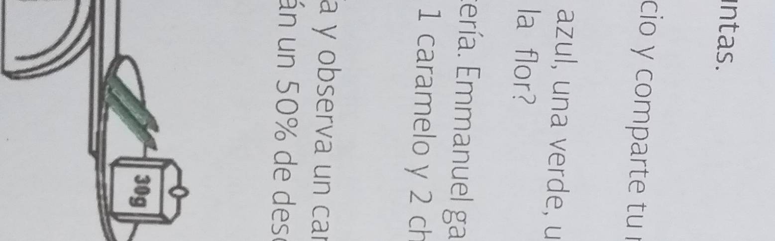 intas. 
cio y comparte tu 
azul, una verde, u 
la flor? 
ería. Emmanuel ga
1 caramelo y 2 ch 
a y observa un car 
án un 50% de dese