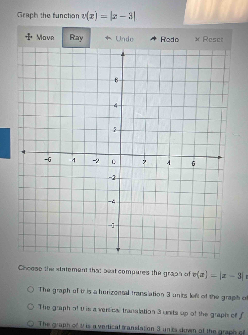 Graph the function v(x)=|x-3|. 
Move Ray Undo Redo × Reset
Choose the statement that best compares the graph of v(x)=|x-3|
The graph of v is a horizontal translation 3 units left of the graph of
The graph of v is a vertical translation 3 units up of the graph of f
The graph of υ is avertical translation 3 units down of the graph of