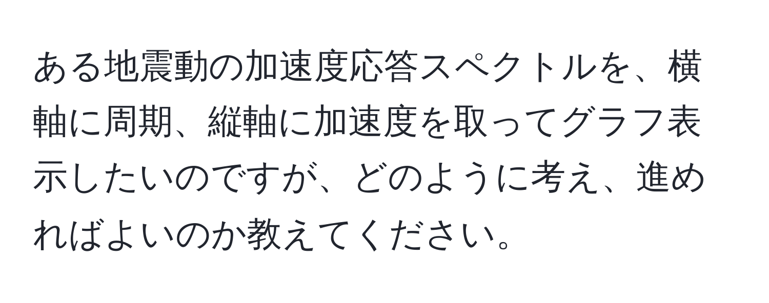 ある地震動の加速度応答スペクトルを、横軸に周期、縦軸に加速度を取ってグラフ表示したいのですが、どのように考え、進めればよいのか教えてください。