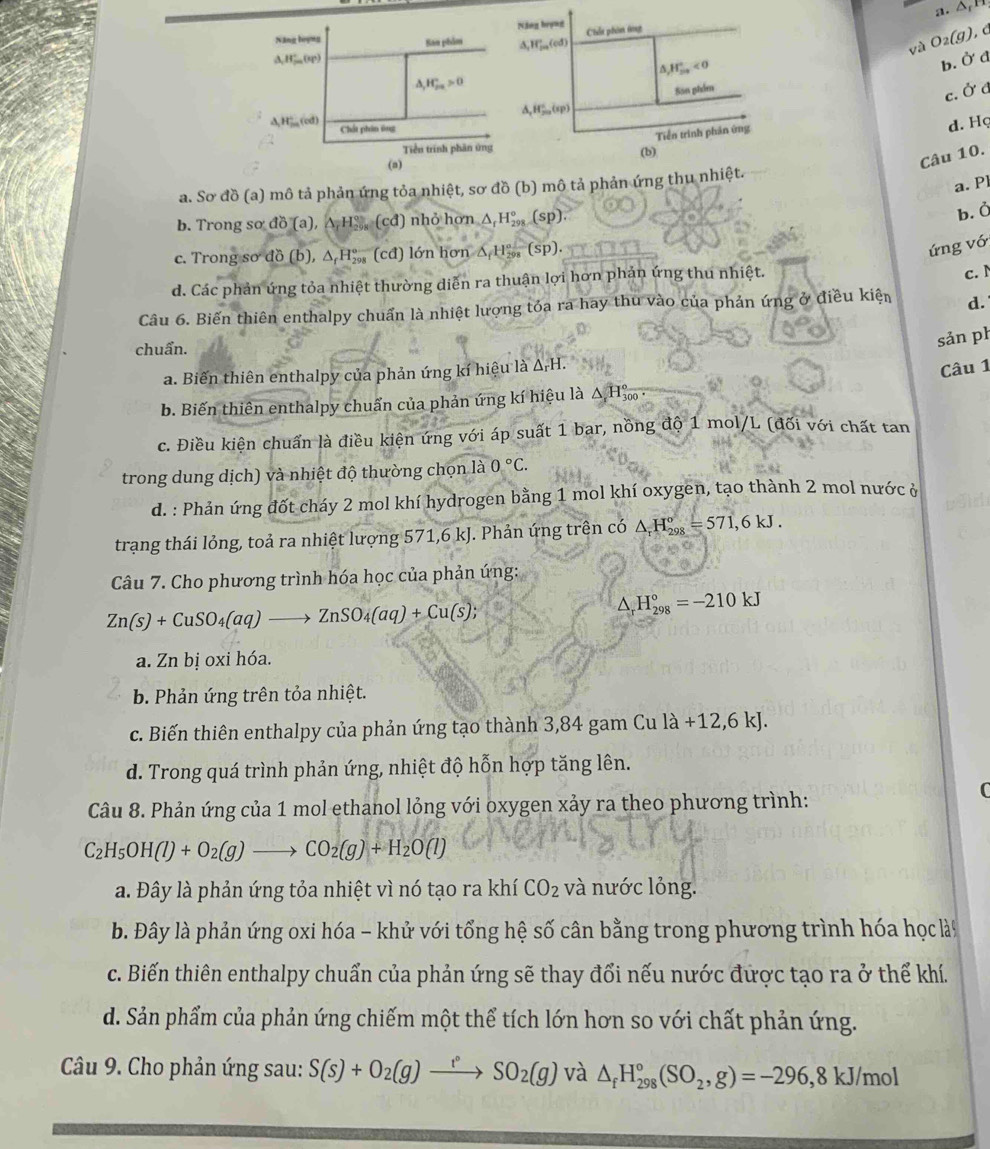 a. △
Năng brợng San phim yà dot O'
A, H;, (0φ) O_2(g)
△ _1H_(2a)°>0
b.
c. alpha
△ ,H_(2m)°(cd) Chất phin tng
d. Họ
Tiền trinh phân ứng
(n)
Câu 10.
a. Pl
a. Sơ do(a) mô tả phản ứng tỏa nhiệt, sơ đồ (b) mô tả phản ứng th
b. Trong so do(a),△ _rH_(298)°(cd) nhỏ hơn △ _fH_(298)°(sp).
b. Ở
c. Trong sơ đồ (b),△ _fH_(298)°(cd) lớn hơn △ H_(298)°(sp).
ứng vớ
d. Các phản ứng tỏa nhiệt thường diễn ra thuận lợi hơn phản ứng thu nhiệt.
Câu 6. Biến thiên enthalpy chuẩn là nhiệt lượng tóa ra hay thu vào của phản ứng ở điều kiện c. 
d.
chuẩn.
sản ph
a. Biến thiên enthalpy của phản ứng kí hiệu là Δ-H.
Câu 1
b. Biến thiên enthalpy chuẩn của phản ứng kí hiệu là △ _sH_(300)°.
c. Điều kiện chuẩn là điều kiện ứng với áp suất 1 bar, nồng độ 1 mol/L (đối với chất tan
trong dung dịch) và nhiệt độ thường chọn là 0°C.
d. : Phản ứng đốt cháy 2 mol khí hydrogen bằng 1 mol khí oxygen, tạo thành 2 mol nước ở
trạng thái lỏng, toả ra nhiệt lượng 571,6 kJ. Phản ứng trên có △ _1H_(298)° = 571,6 kJ .
Câu 7. Cho phương trình hóa học của phản ứng:
Zn(s)+CuSO_4(aq)to ZnSO_4(aq)+Cu(s);
△ _rH_(298)°=-210kJ
a. Zn bị oxi hóa.
b. Phản ứng trên tỏa nhiệt.
c. Biến thiên enthalpy của phản ứng tạo thành 3,84 gam Cu llambda +12,6kJ.
d. Trong quá trình phản ứng, nhiệt độ hỗn hợp tăng lên.
Câu 8. Phản ứng của 1 mol ethanol lỏng với oxygen xảy ra theo phương trình:
C_2H_5OH(l)+O_2(g)to CO_2(g)+H_2O(l)
a. Đây là phản ứng tỏa nhiệt vì nó tạo ra khí CO_2 và nước lỏng.
b. Đây là phản ứng oxi hóa - khử với tổng hệ số cân bằng trong phương trình hóa học là
c. Biến thiên enthalpy chuẩn của phản ứng sẽ thay đổi nếu nước được tạo ra ở thể khí.
d. Sản phẩm của phản ứng chiếm một thể tích lớn hơn so với chất phản ứng.
Câu 9. Cho phản ứng sau: S(s)+O_2(g)xrightarrow r°SO_2(g) và △ _fH_(298)°(SO_2,g)=-296,8kJ/mol