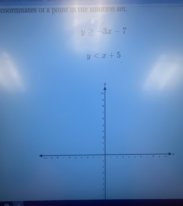 coordinates of a point in the solution set.
y≥ -3x-7
y