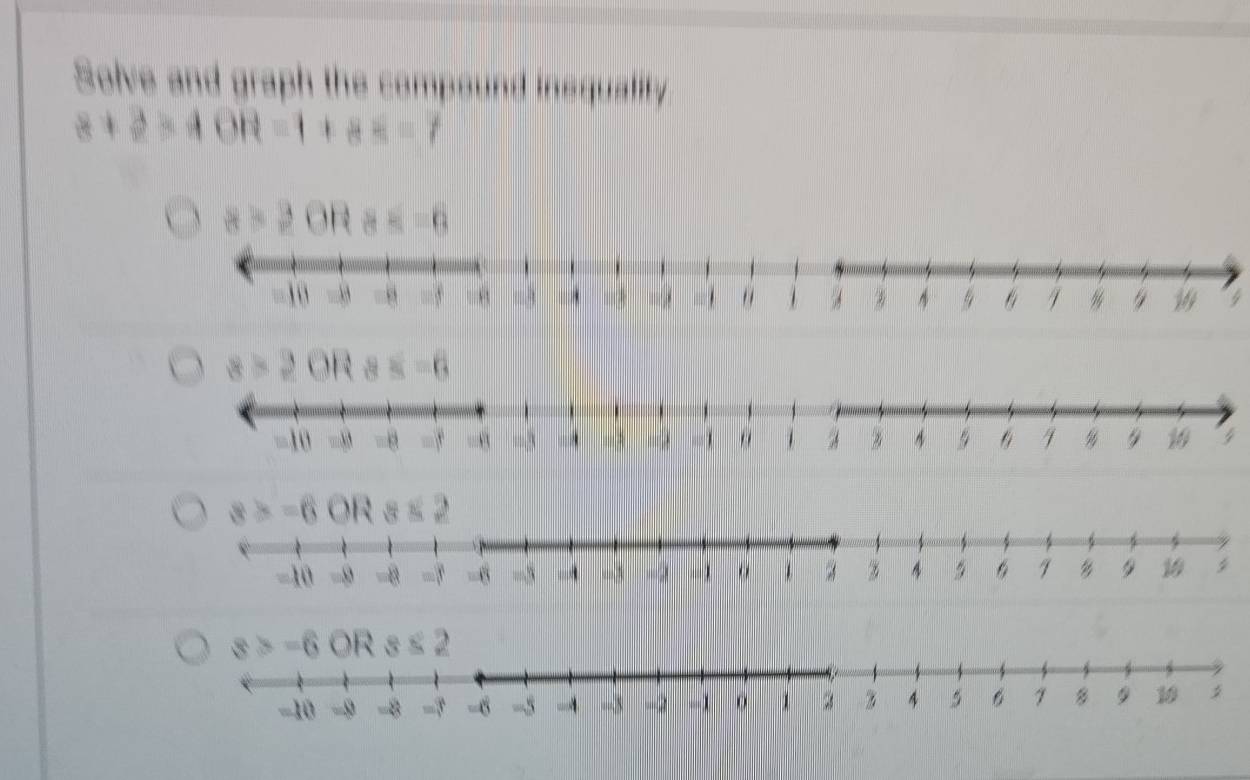 Solve and graph the compound inequality
8+2>4OR=1+8=7
4
4