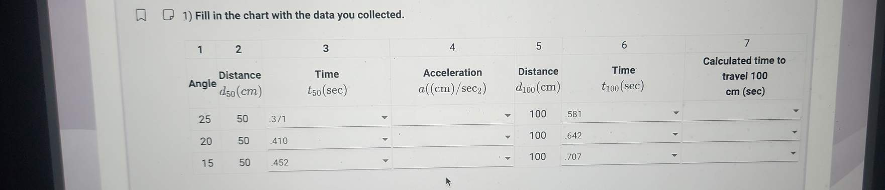 Fill in the chart with the data you collected.