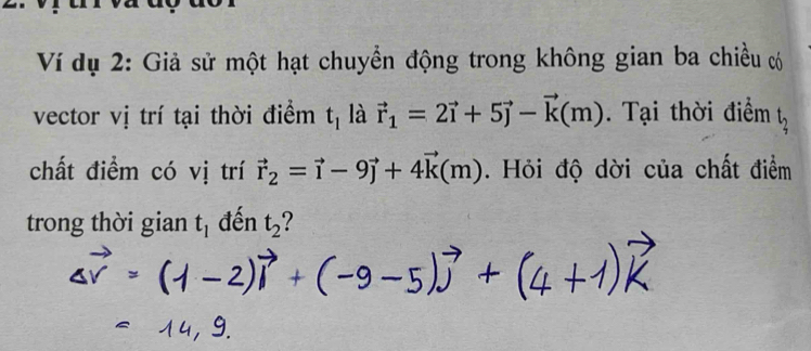 Ví dụ 2: Giả sử một hạt chuyển động trong không gian ba chiều có 
vector vị trí tại thời điểm t_1 là vector r_1=2vector i+5vector j-vector k(m). Tại thời điểm downarrow 
chất điểm có vị trí vector r_2=vector i-9vector j+4vector k(m). Hỏi độ dời của chất điểm 
trong thời gian t_1 đến t_2 ?