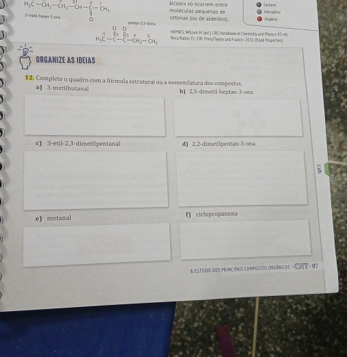 H_3C-CH_2-CH_2-CH-ClH-frac 2-CH_3 álcoois só ocorrem entre Hidroptnic Carbano 
moléculas pequenas de 
3-metil-hexan -2 -ons D∈4a∩ -2,□-dq/u cetonas (ou de aldeidos). Dooglein 
HAYNES, Wrilian M. Jed.), CRC Mandbook of Chemistry and Physics. 93. ed. 
H_3C-C-CH_2-CH_3 Boca Raton, F.: CRC Press/Tylor and Francis: 2012, (Puld Properties) 
ORGANIZE AS IDEIAS 
12. Complete o quadro com a fórmula estrutural ou a nomenclatura dos compostos. 
a) 3 -metilbutanal b) 2,5 -dimetil-heptan -3 -ona 
c) 3 -etil -2, 3 -dimetilpentanal d) 2, 2 -dimetilpentan -3 -ona 
e) metanal f) ciclopropanona 
8. Estudo dos principais compostos Orgânicos - CSST. 97