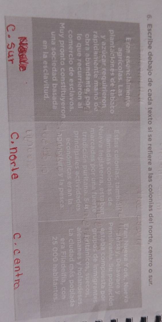 Escribe debajo de cada texto si se refiere a las colonias del norte, centro o sur.
