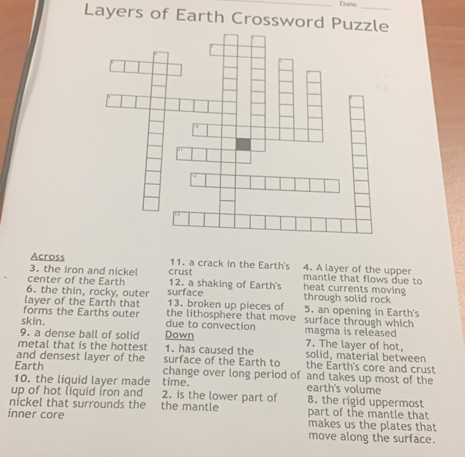 Date 
Layers of Earth Crossword Puzzl 
Across 11. a crack in the Earth's 4. A layer of the upper 
3. the iron and nickel crust mantle that flows due to 
center of the Earth 12. a shaking of Earth's heat currents moving 
6. the thin, rocky, outer surface through solid rock 
layer of the Earth that 13. broken up pieces of 5. an opening in Earth's 
forms the Earths outer the lithosphere that move surface through which 
skin. due to convection magma is released 
9. a dense ball of solid Down 7. The layer of hot, 
metal that is the hottest 1. has caused the solid, material between 
and densest layer of the surface of the Earth to the Earth's core and crust 
Earth change over long period of and takes up most of the 
10. the liquid layer made time. earth's volume 
up of hot liquid iron and 2. is the lower part of 8. the rigid uppermost 
nickel that surrounds the the mantle part of the mantle that 
inner core makes us the plates that 
move along the surface.