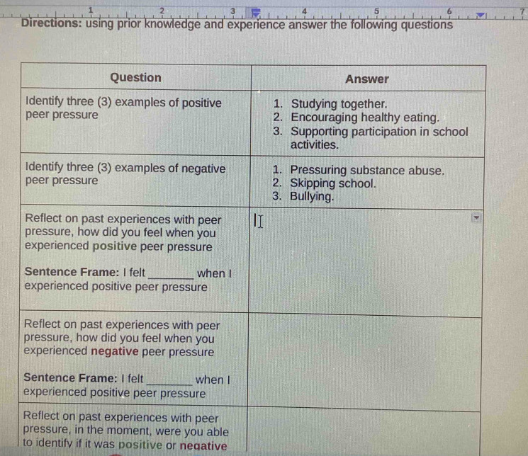 1 2 3 4 5 6 7
Directions: using prior knowledge and experience answer the following questions 
to identify if it was positive or negative