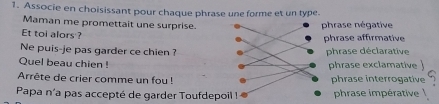 Associe en choisissant pour chaque phrase une forme et un type.
Maman me promettait une surprise.phrase négative
Et toi alors ?
phrase affirmative
Ne puis-je pas garder ce chien ?phrase déclarative
Quel beau chien ! phrase exclamative 
Arrête de crier comme un fou!phrase interrogative
Papa n’a pas accepté de garder Toufdepphrase impérative !