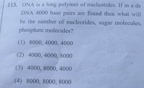 DNA is a long polymer of nucleotides. If in a ds
DNA 4000 base pairs are found then what will
be the number of nucleotides, sugar molecules,
phosphate molecules?
(1) 8000, 4000, 4000
(2) 4000, 4000, 8000
(3) 4000, 8000, 4000
(4) 8000, 8000, 8000