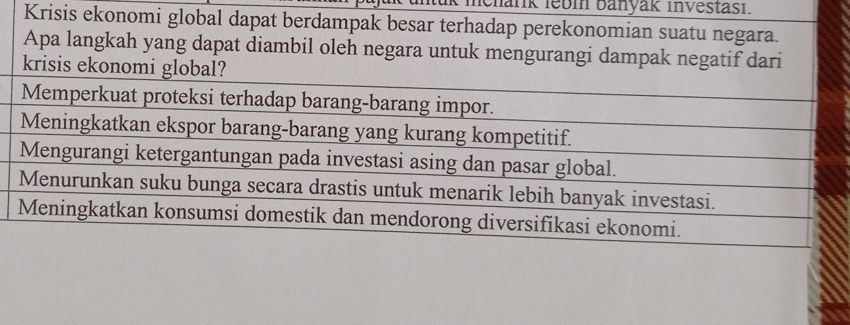 mehark lebin banyak investası. 
Krisis ekonomi global dapat berdampak besar terhadap perekonomian suatu negara. 
Apa langkah yang dapat diambil oleh negara untuk mengurangi dampak negatif dari 
krisis ekonomi