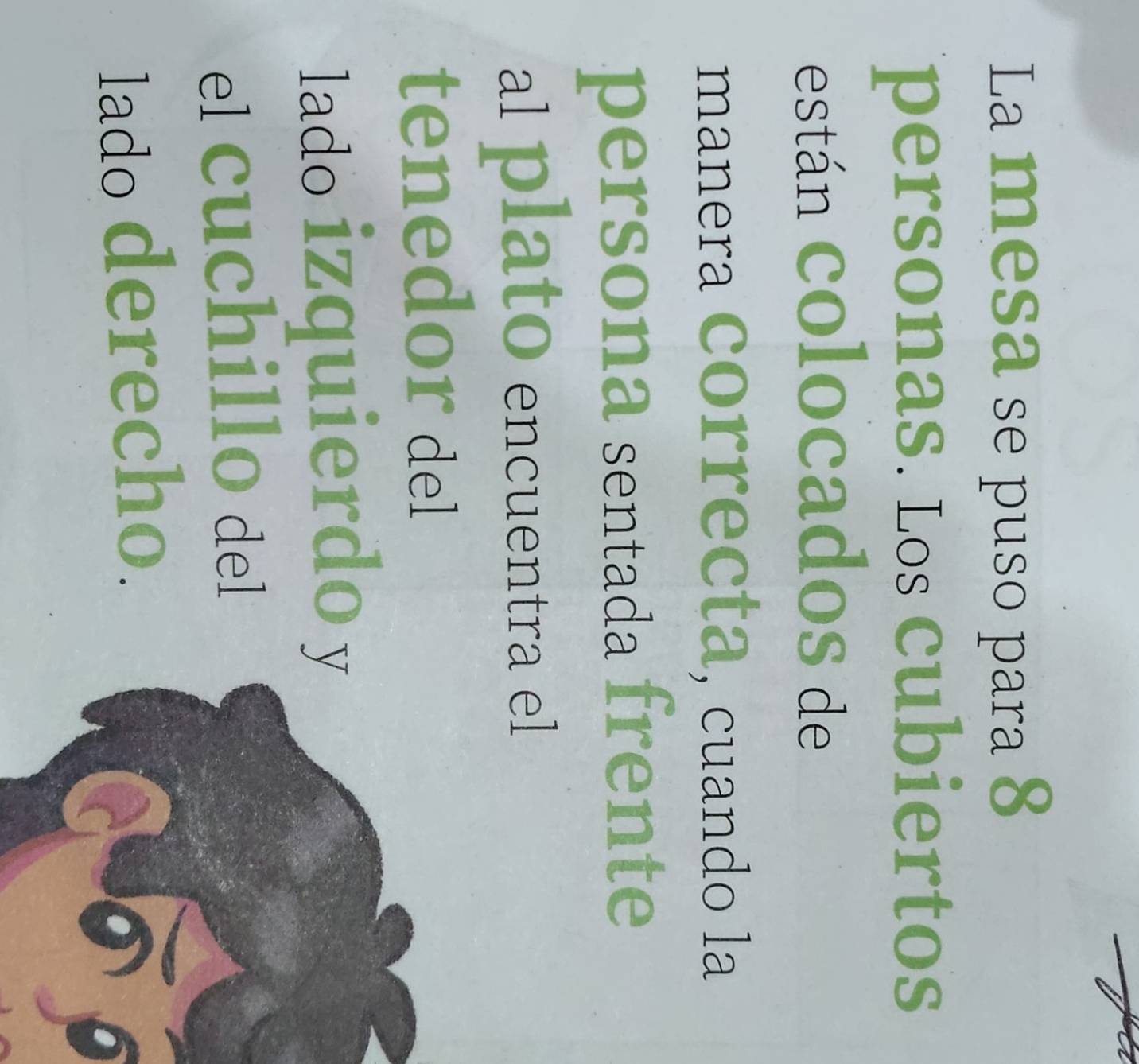 La mesa se puso para 8
personas. Los cubiertos 
están colocados de 
manera correcta, cuando la 
persona sentada frente 
al plato encuentra el 
tenedor del 
lado izquierdo y 
el cuchillo del 
lado derecho.