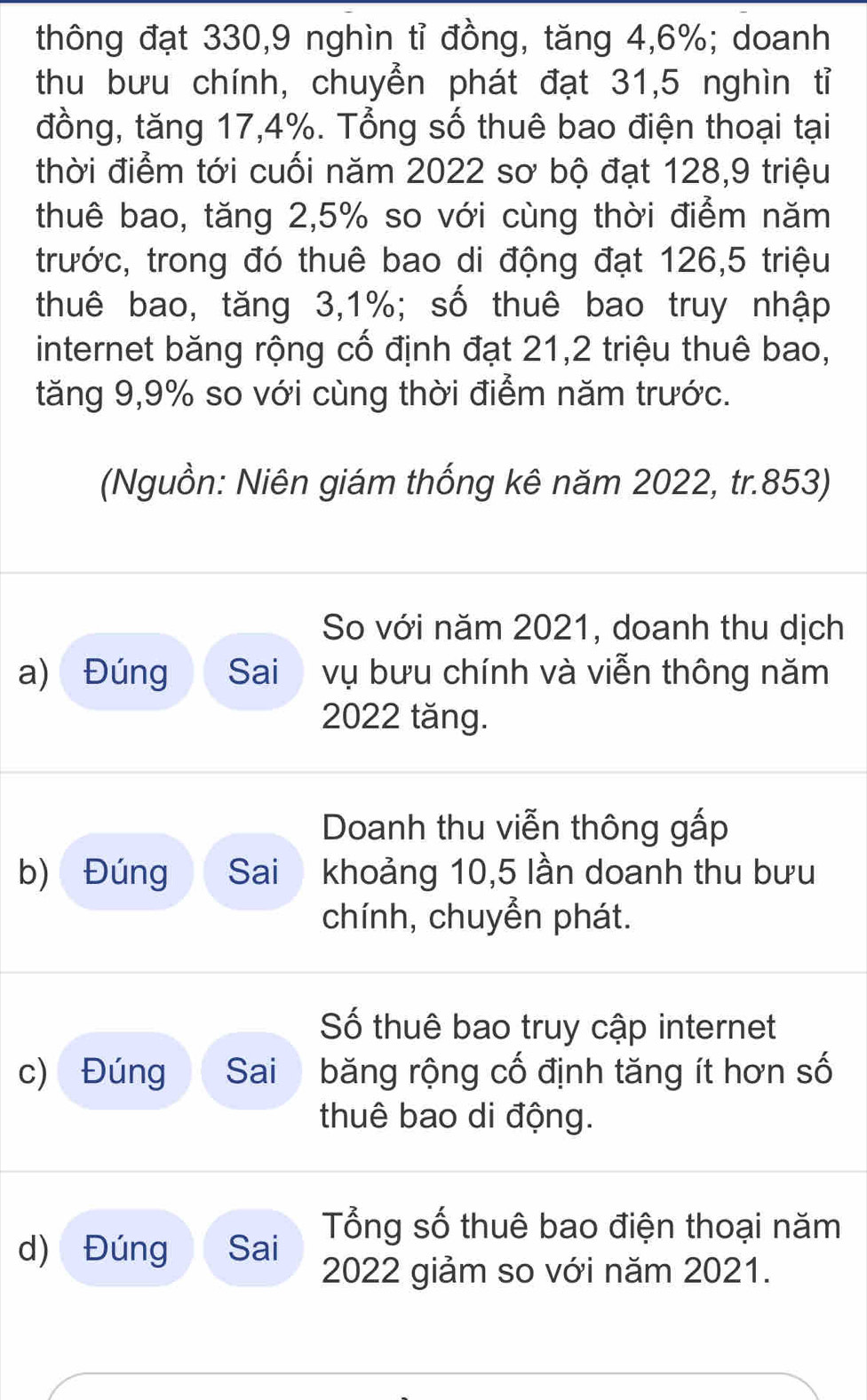 thông đạt 330, 9 nghìn tỉ đồng, tăng 4, 6%; doanh 
thu bưu chính, chuyển phát đạt 31, 5 nghìn tỉ 
đồng, tăng 17, 4%. Tổng số thuê bao điện thoại tại 
thời điểm tới cuối năm 2022 sơ bộ đạt 128, 9 triệu 
thuê bao, tăng 2, 5% so với cùng thời điểm năm 
trước, trong đó thuê bao di động đạt 126, 5 triệu 
thuê bao, tăng 3, 1%; số thuê bao truy nhập 
internet băng rộng cố định đạt 21, 2 triệu thuê bao, 
tăng 9, 9% so với cùng thời điểm năm trước. 
(Nguồn: Niên giám thống kê năm 2022, tr.853) 
So với năm 2021, doanh thu dịch 
a) Đúng Sai Ở vụ bưu chính và viễn thông năm
2022 tăng. 
Doanh thu viễn thông gấp 
b) Đúng Sai khoảng 10,5 lần doanh thu bưu 
chính, chuyển phát. 
Số thuê bao truy cập internet 
c) Đúng Sai băng rộng cố định tăng ít hơn số 
thuê bao di động. 
Tổng số thuê bao điện thoại năm 
d) Đúng Sai
2022 giảm so với năm 2021.