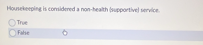 Housekeeping is considered a non-health (supportive) service.
True
False