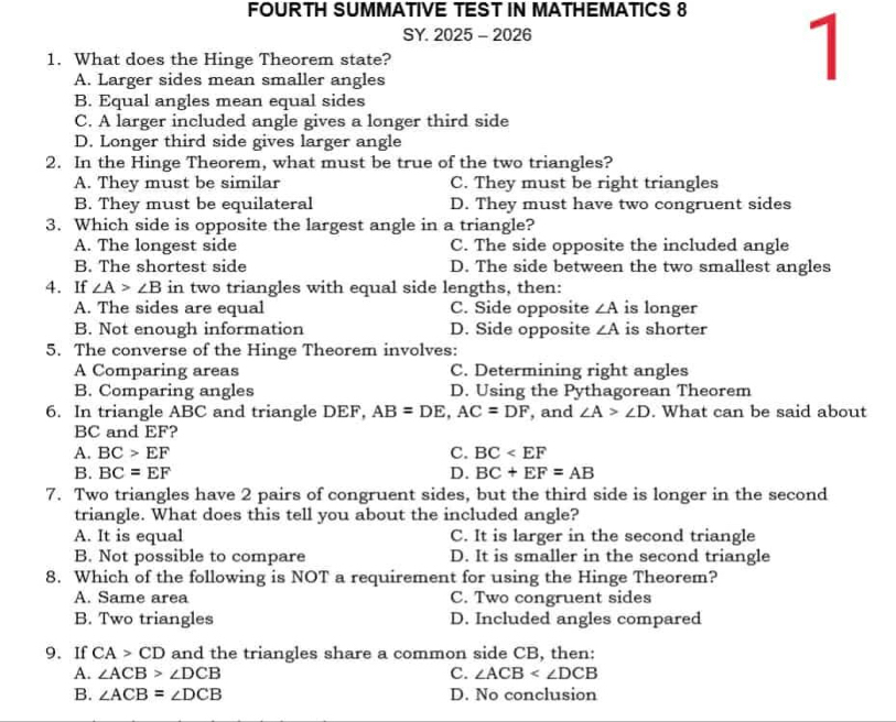 Solved: FOURTH SUMMATIVE TEST IN MATHEMATICS 8 SY. 2025 - 2026 1. What ...
