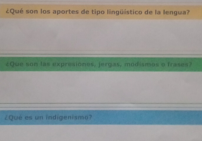 ¿Qué son los aportes de tipo lingüístico de la lengua? 
¿Que son las expresiones, jergas, modismos o frases? 
¿Qué es un indigenismo?