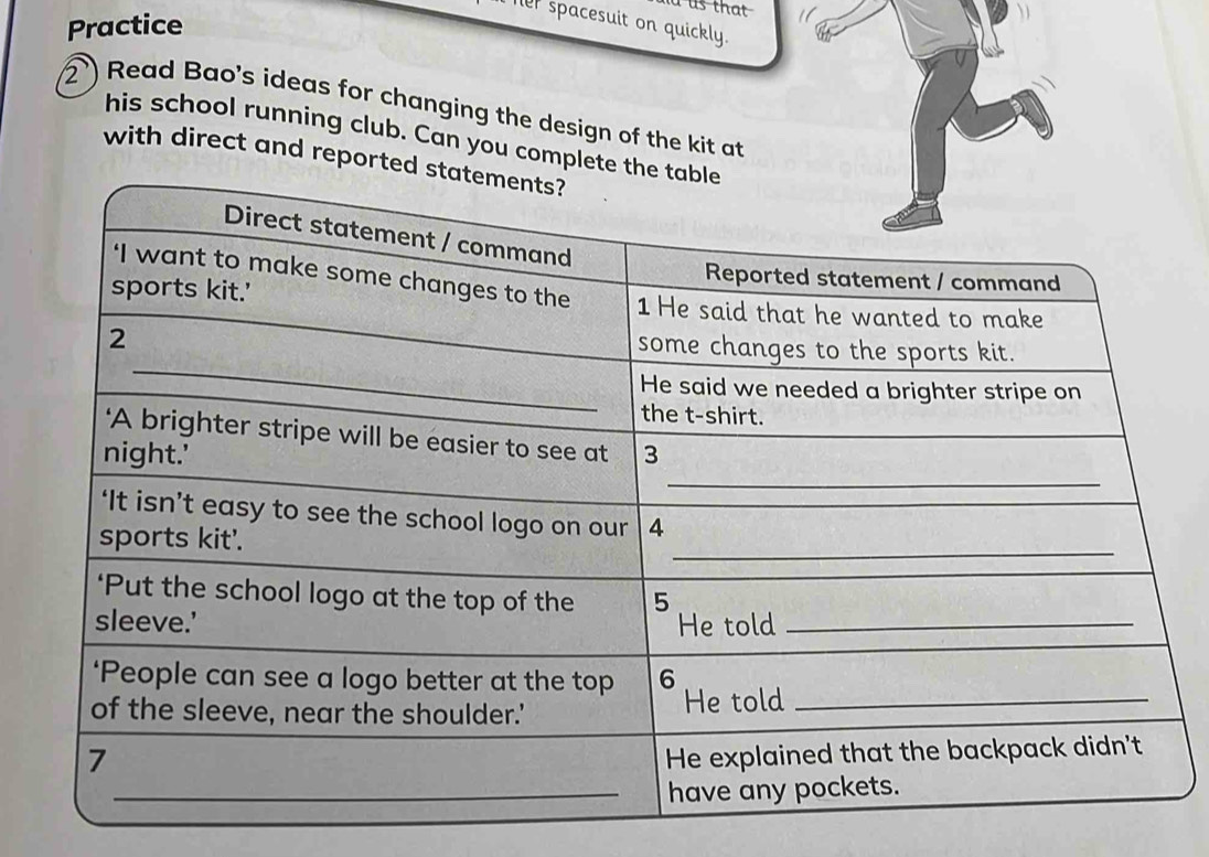 a us that 
Practice 
her spacesuit on quickly. 
2) Read Bao's ideas for changing the design of the kit at 
his school running club. Can you complete t 
with direct and reported