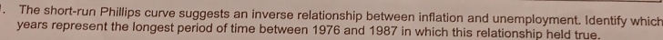The short-run Phillips curve suggests an inverse relationship between inflation and unemployment. Identify which 
years represent the longest period of time between 1976 and 1987 in which this relationship held true.