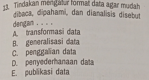 Tindakan mengatur format data agar mudah
dibaca, dipahami, dan dianalisis disebut
dengan . . . .
A. transformasi data
B. generalisasi data
C. penggalian data
D. penyederhanaan data
E. publikasi data