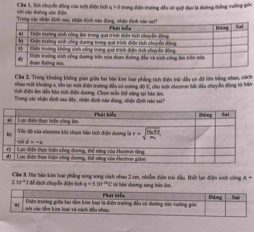 Xét chuyển động của một điện tích q≥slant 0 trong điện trường đều có quỹ đạo là đường thắng vuỡng góc
với các đường sức điện.
Trong các nhận định sau, nhận định n
Câu 2. Trong khoảng không gian giữa hai bản kim loại phẳng tích điện trái đầu có độ lớn bằng nhau, cách
nhau một khoảng a, tồn tại một điện trường đều có cường độ E, cho một electron bắt đầu chuyển động từ bản
tích điện âm đến bản tích điện dương. Chọn mốc thế năng tại bản âm.
Trong các nhận định sau đây, nhận định nào đúng, nhận định nào sai?
Câu 3. Hai bản kim loại phẳng song song cách nhau 2 cm, nhiễm điện trái dấu. Biết lực điện sinh công A=
2.10^(-9)J đề dịch chuyển điện tích q=5.10^(-10)C từ bản dương sang bản âm.