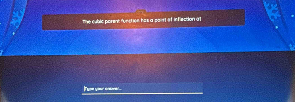 The cubic parent function has a point of inflection at 
|Type your answer..