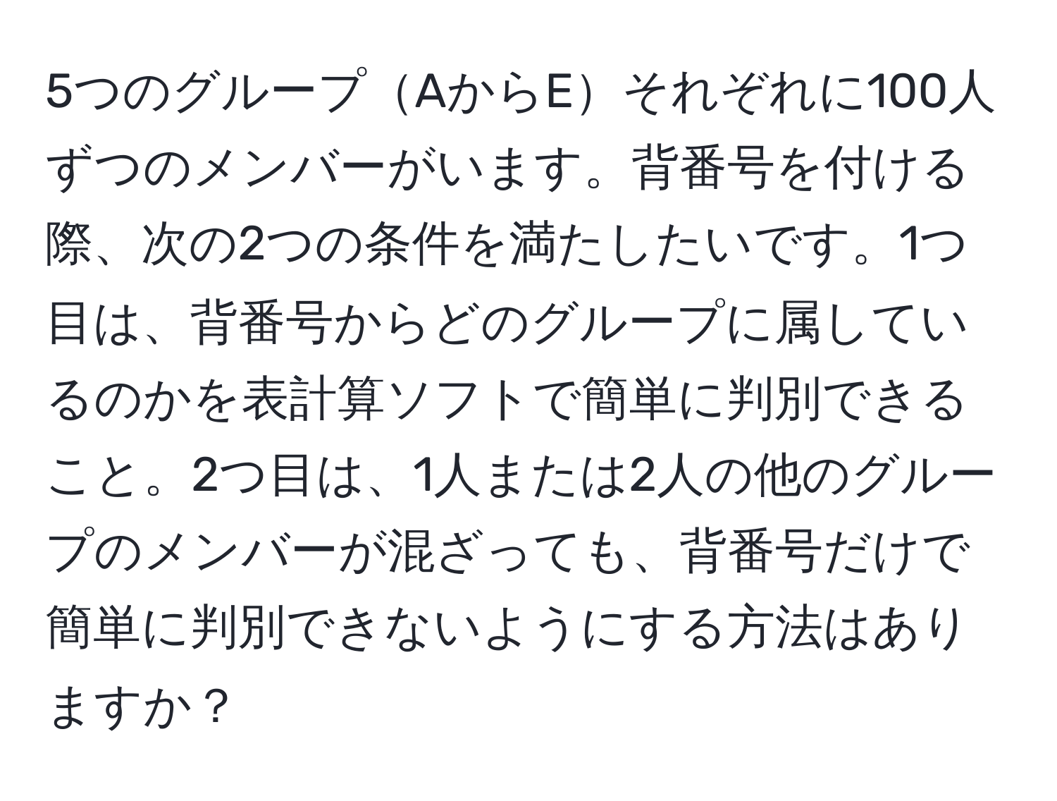 5つのグループAからEそれぞれに100人ずつのメンバーがいます。背番号を付ける際、次の2つの条件を満たしたいです。1つ目は、背番号からどのグループに属しているのかを表計算ソフトで簡単に判別できること。2つ目は、1人または2人の他のグループのメンバーが混ざっても、背番号だけで簡単に判別できないようにする方法はありますか？