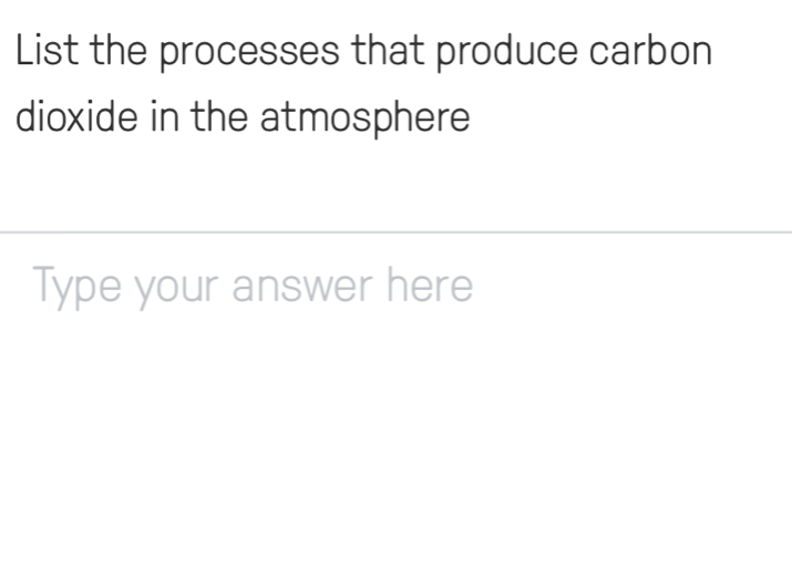 List the processes that produce carbon 
dioxide in the atmosphere 
Type your answer here