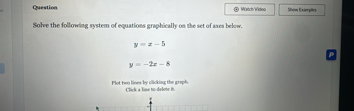 Question Watch Video Show Examples
Solve the following system of equations graphically on the set of axes below.
y=x-5
y=-2x-8
Plot two lines by clicking the graph.
Click a line to delete it.
y
1