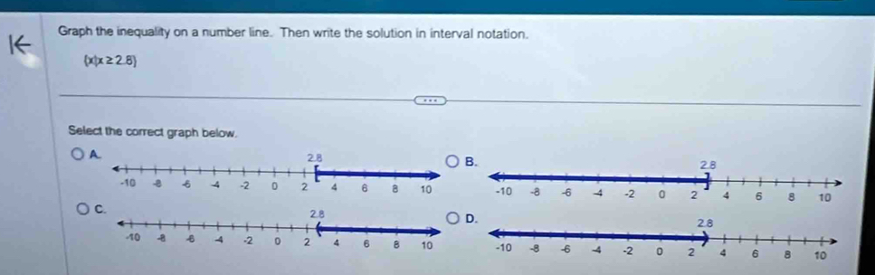 Graph the inequality on a number line. Then write the solution in interval notation.
 x|x≥ 2.8
Select the correct graph below.