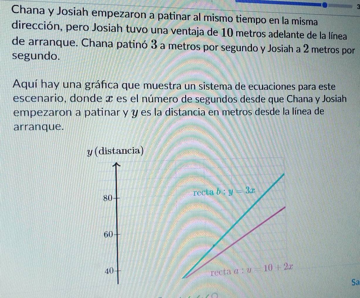 Chana y Josiah empezaron a patinar al mismo tiempo en la misma
dirección, pero Josiah tuvo una ventaja de 10 metros adelante de la línea
de arranque. Chana patinó 3 a metros por segundo y Josiah a 2 metros por
segundo.
Aquí hay una gráfica que muestra un sistema de ecuaciones para este
escenario, donde x es el número de segundos desde que Chana y Josiah
empezaron a patinar y y es la distancia en metros desde la línea de
arranque.
Sa