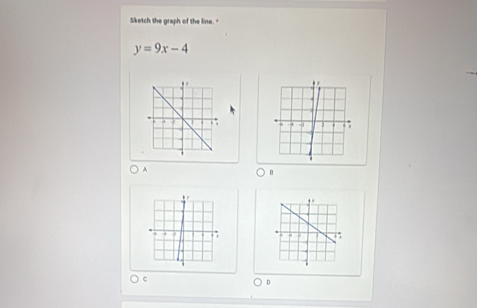 Sketch the graph of the line. *
y=9x-4
A 
B 
C 
D