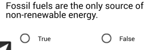 Fossil fuels are the only source of
non-renewable energy.
True False