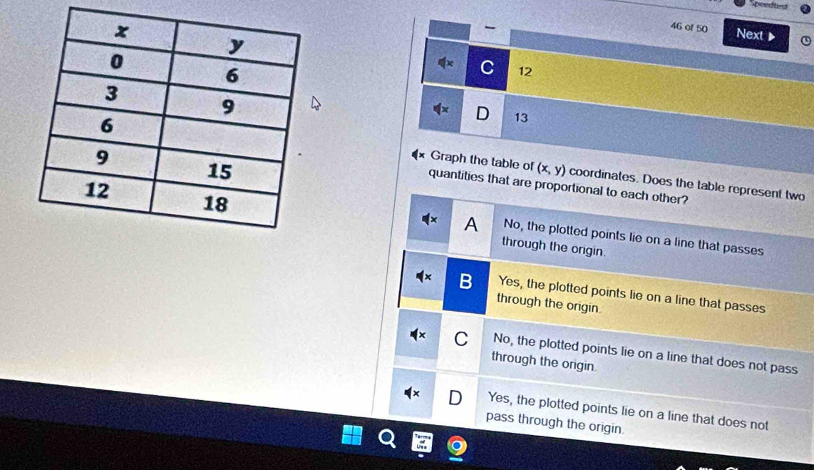 Spcedte
46 of 50 Next ▶
C 12
D 13
Graph the table of (x,y) coordinates. Does the table represent two
quantities that are proportional to each other?
A No, the plotted points lie on a line that passes
through the origin.
Yes, the plotted points lie on a line that passes
through the origin.
C No, the plotted points lie on a line that does not pass
through the origin.
D Yes, the plotted points lie on a line that does not
pass through the origin.