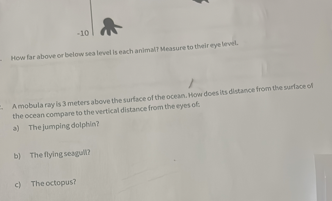 How far above or below sea level is each animal? Measure to their eye level. 
. A mobula ray is 3 meters above the surface of the ocean. How does its distance from the surface of 
the ocean compare to the vertical distance from the eyes of: 
a) The jumping dolphin? 
b) The flying seagull? 
c) The octopus?